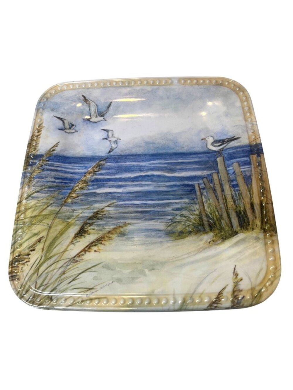 Set Of 10 Keller Charles Melamine Square Plates with Coastal Seagull & Ocean Sce
